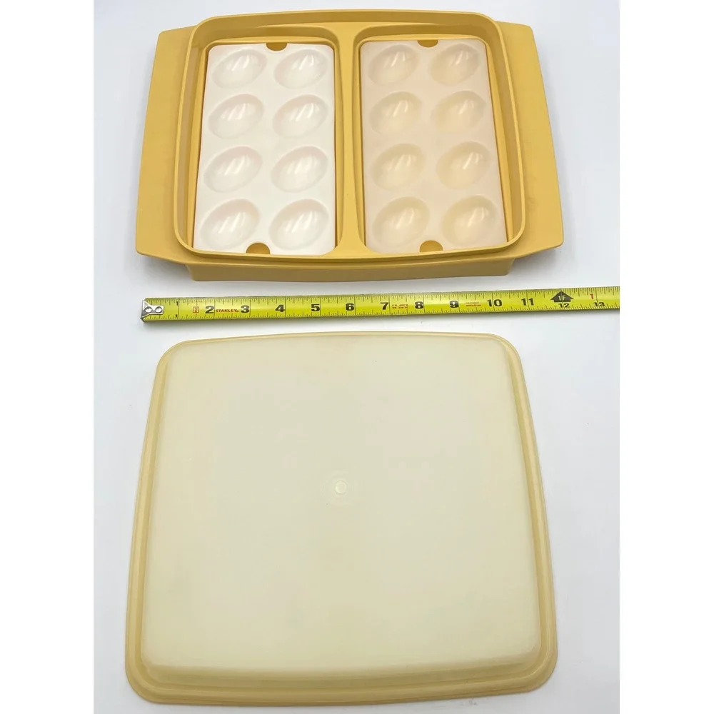 Vintage 1970s Tupperware 723-1 Deviled Egg Keeper Carrier Set of 2 Harvest Gold